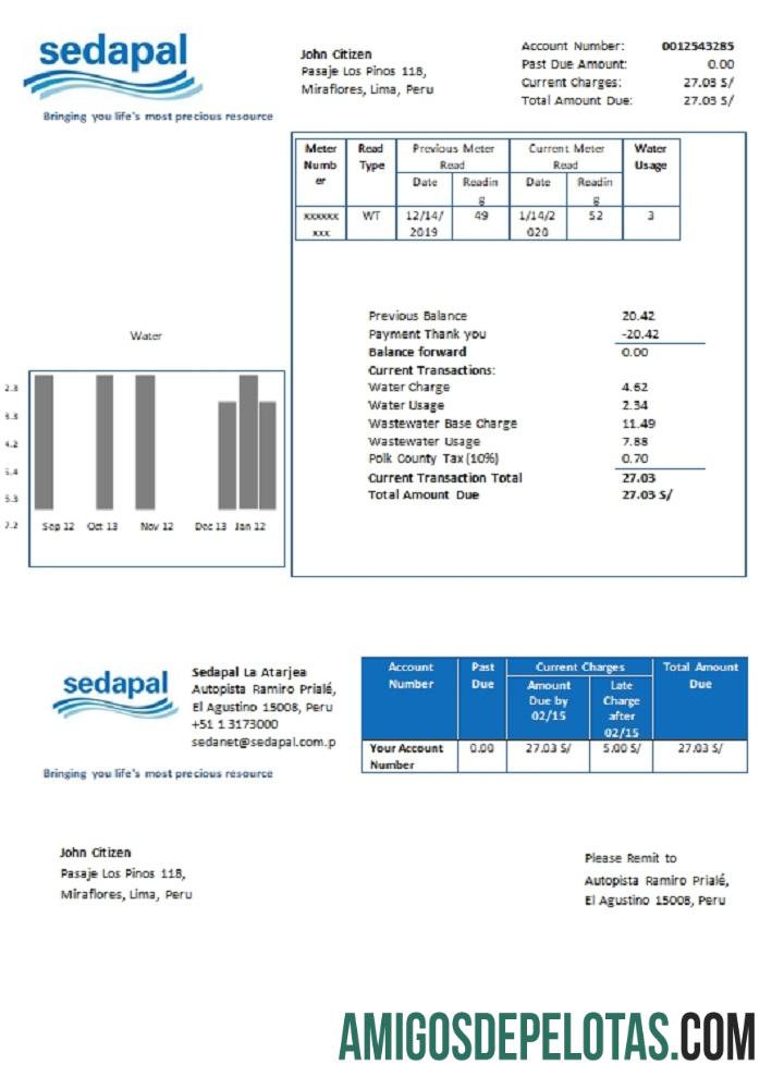 Para baixar modelo de conta de serviços públicos de água Peru Sedapal La Atarjea em formato Word e PDF